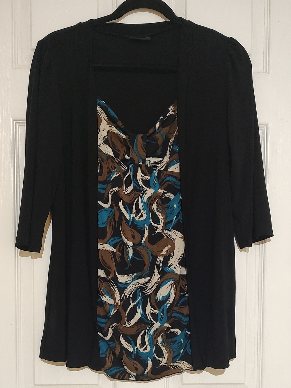 Perseption Black Open-Front Tunic with Blue & Brown Print Panel